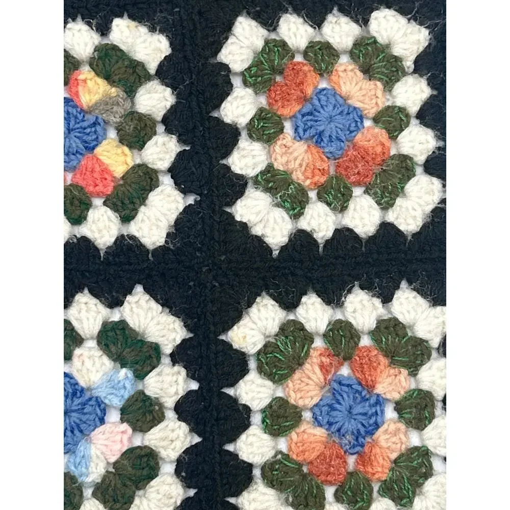 Vintage Crochet Granny Square Afghan Throw Blanket Black Multicolor 39x31 Boho